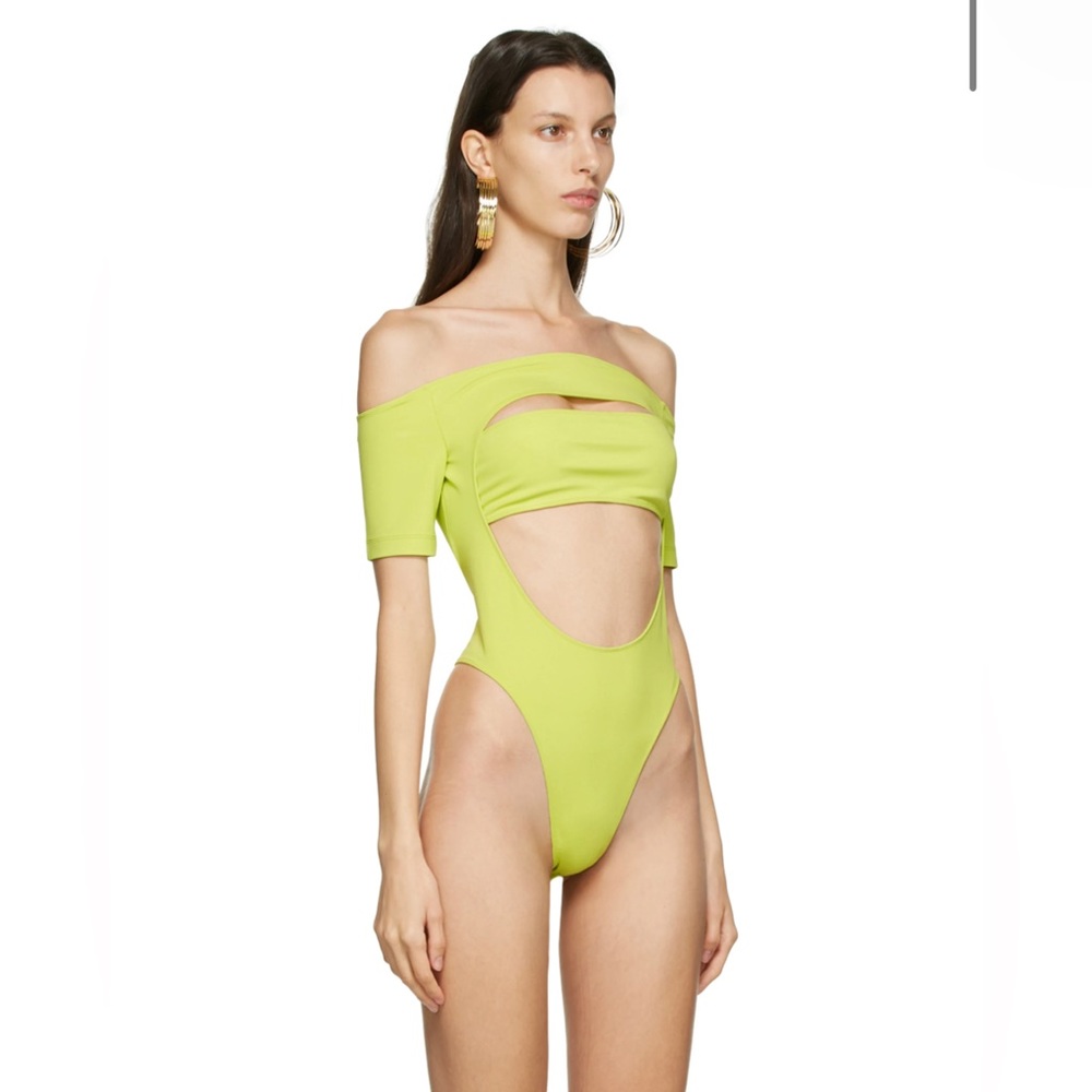 MUGLER Green Off Shoulder Segmented Bodysuit